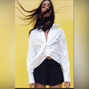 Zara White Button Down Shirt with Tie Front